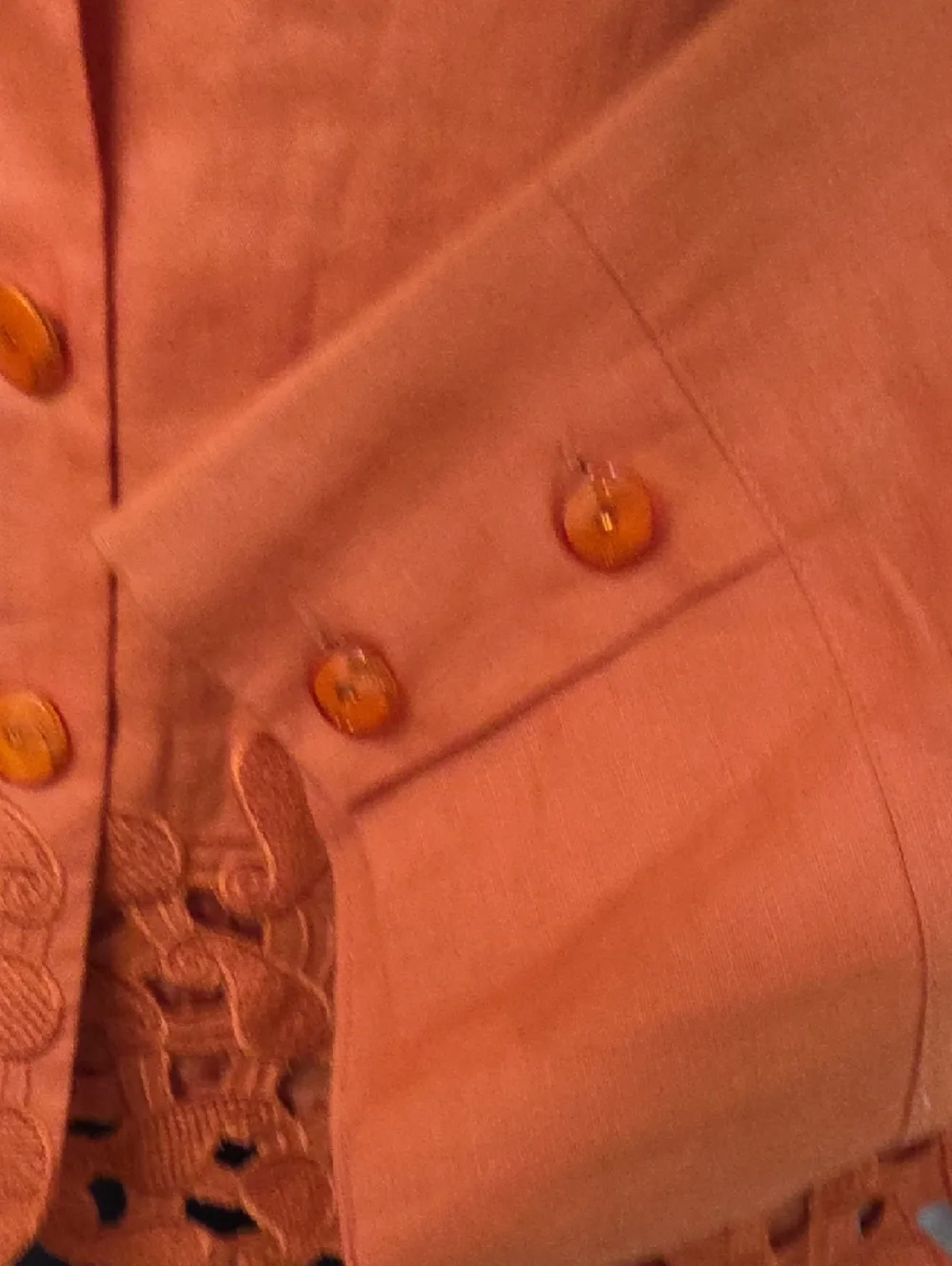 Orange Linen Button-Front Jacket with Crochet Hem by JSong